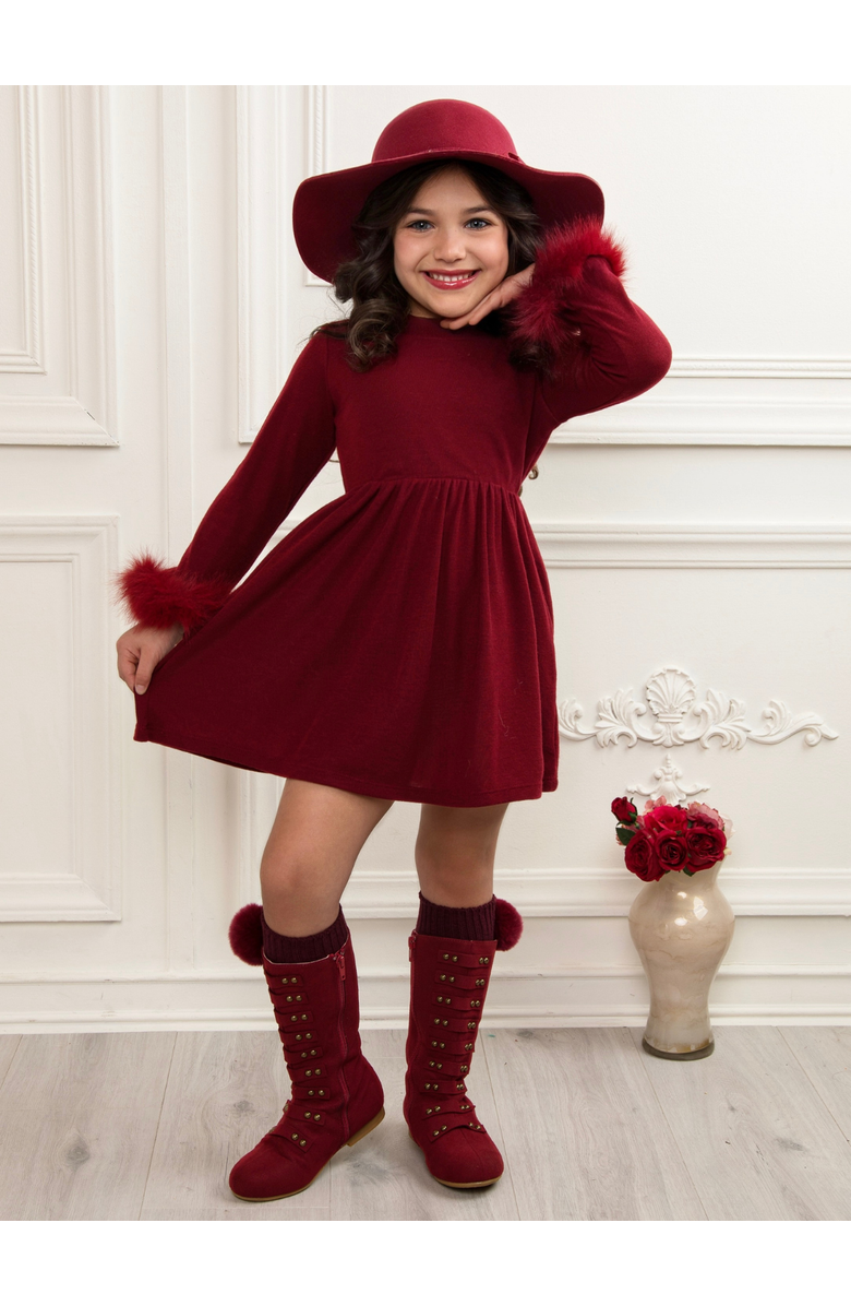Mia Belle Girls Cranberry Frost  Dress with Luxe Cuffs, Alternate, color, Burgundy