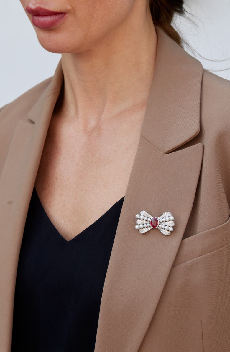 SAVVY CIE JEWELS Pearl Bubbles Bowtie Brooch, Alternate, color, Silver/ Red
