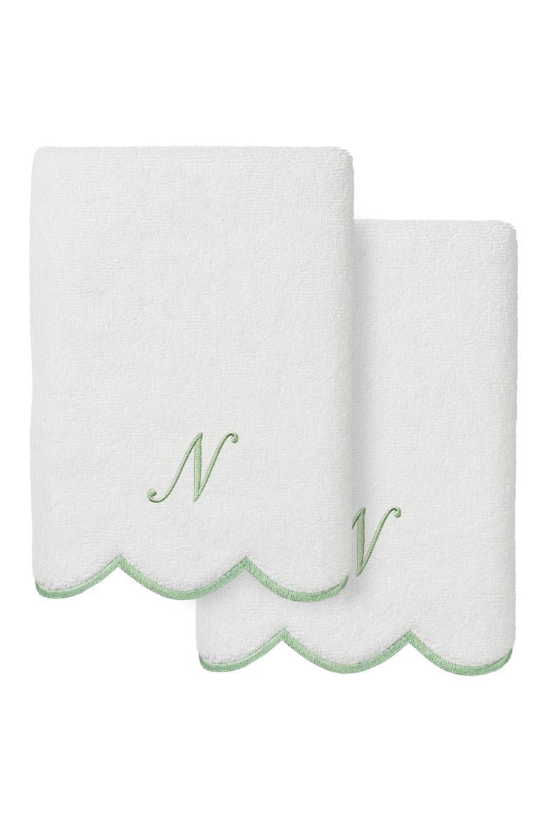 Adornia Scallop Initial Set of 2 Hand Towels, Main, color, WHITE/ GREEN N