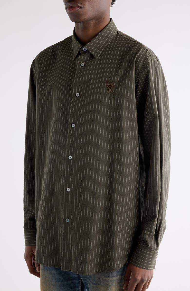 Acne Studios Sarow Stripe Poplin Button-Up Shirt, Alternate, color, Green Melange