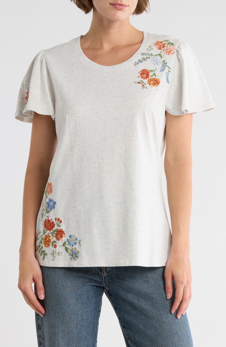 Driftwood Floral Embroidered Flutter Sleeve T-Shirt, Main, color, Heather Grey