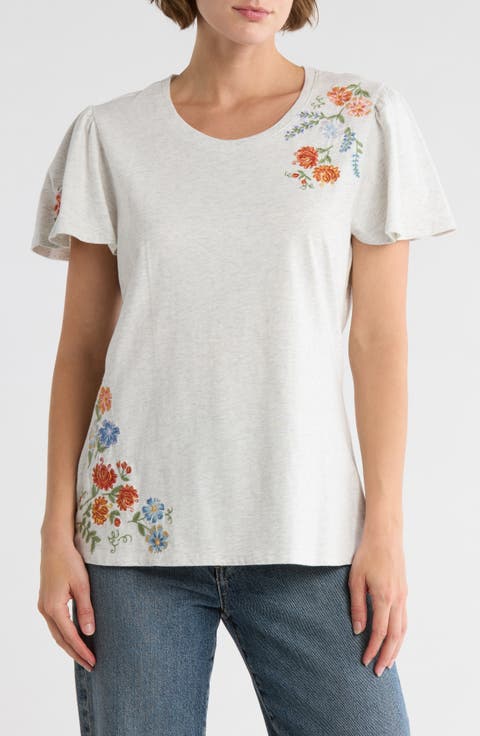 Floral Embroidered Flutter Sleeve T-Shirt