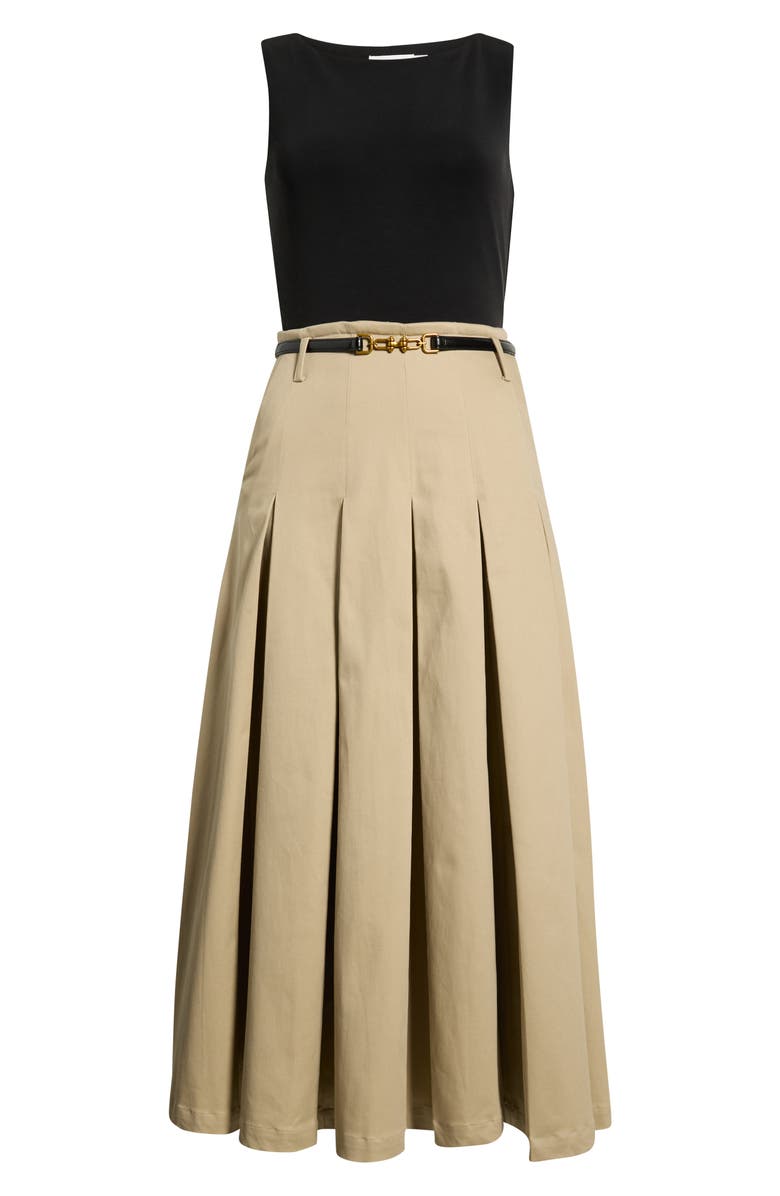 Avec Les Filles Mixed Media Pleated Dress, Main, color, Black And Khaki
