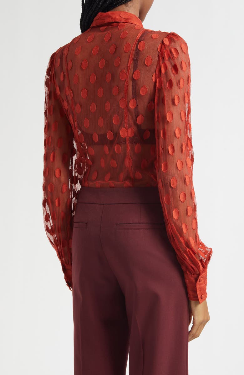 Ulla Johnson Soraya Dot Sheer Mesh Button-Up Shirt, Alternate, color, Ruby