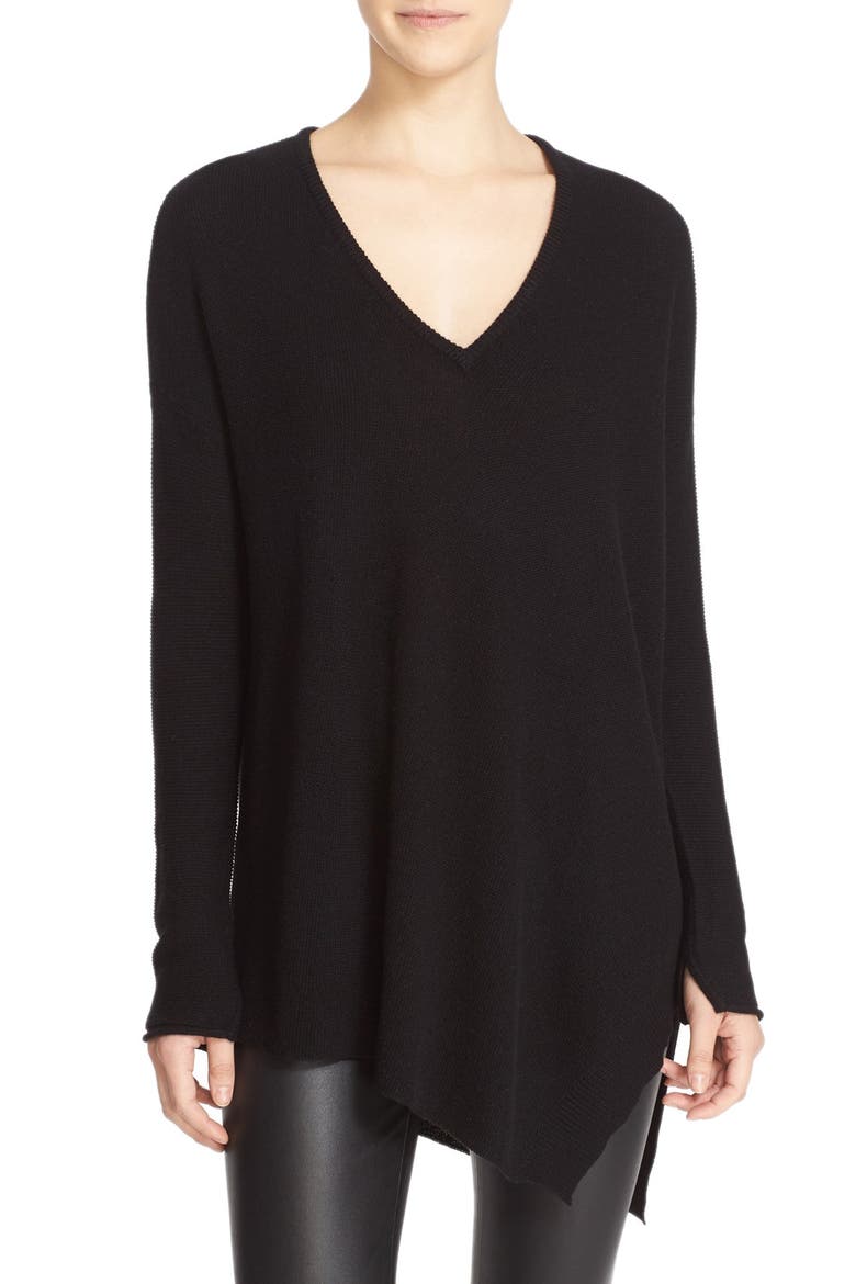 'Edie' Asymmetrical Hem V-Neck Wool Blend Sweater, Main, color, BLACK