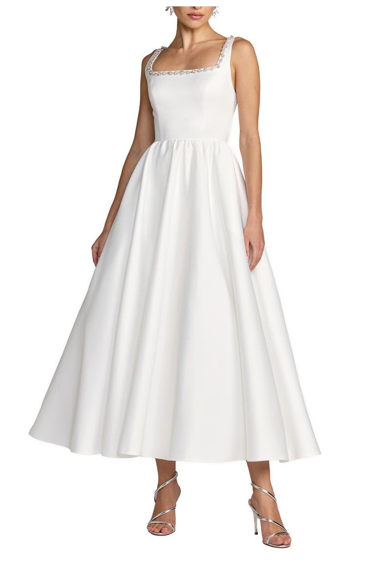 Mac Duggal Beaded Satin Sleeveless Midi Dress With Pockets, Main, color, Ivory