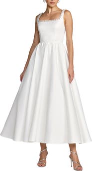 Mac Duggal Beaded Satin Sleeveless Midi Dress With Pockets