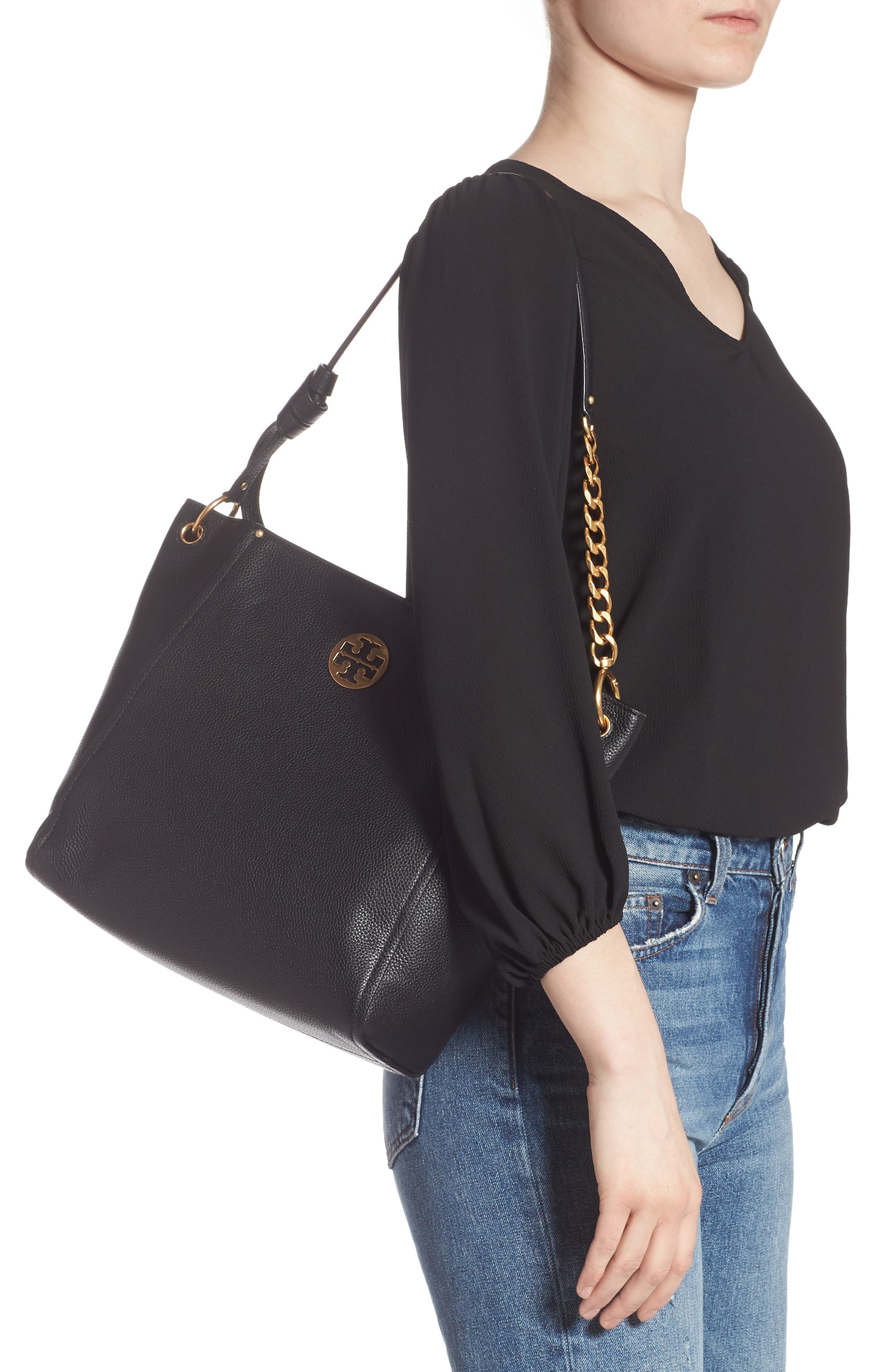 Everly Leather Hobo, Alternate, color, BLACK