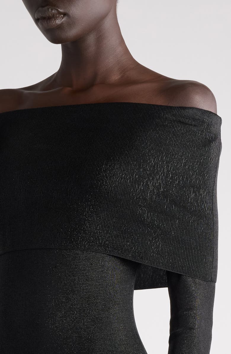 Balenciaga Off the Shoulder Long Sleeve Metallic Knit Maxi Dress, Alternate, color, Black