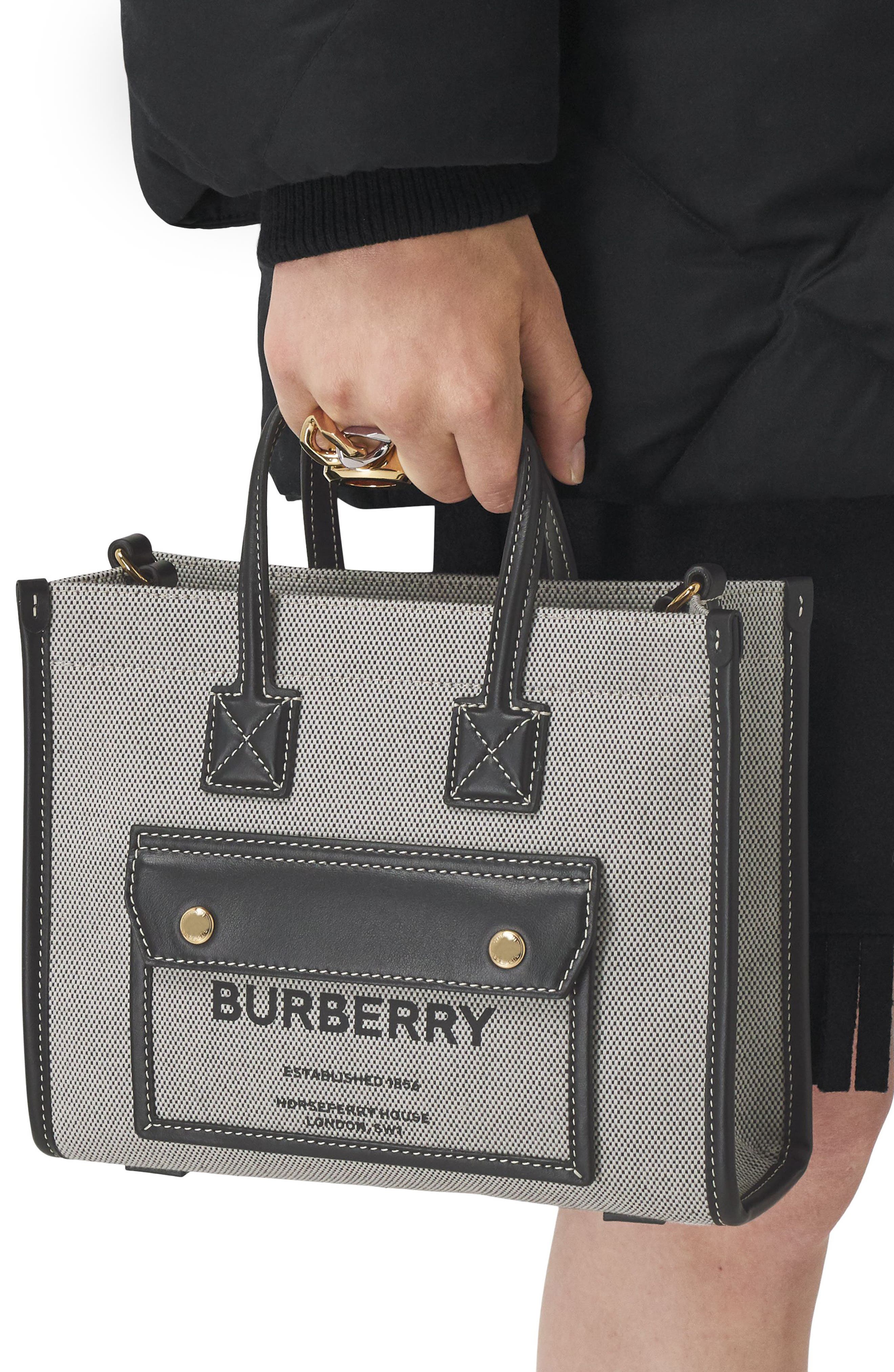 Burberry Mini Freya Horseferry Logo Canvas Tote, Alternate, color, 