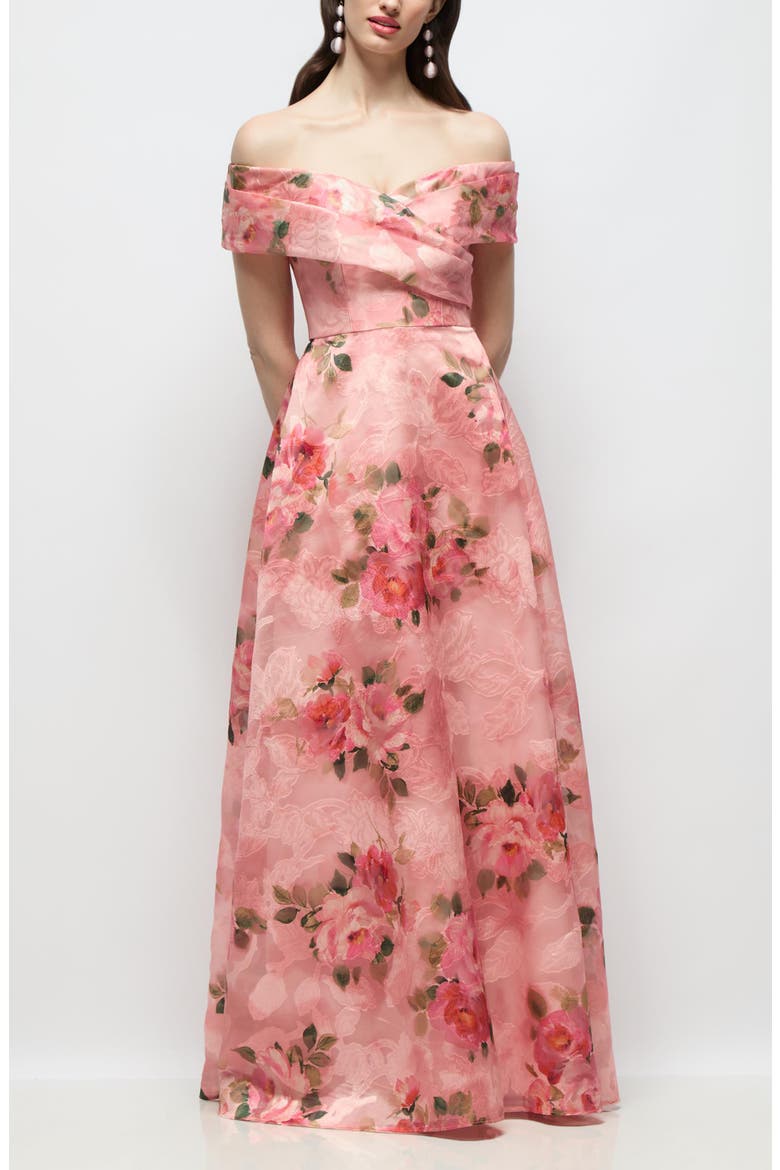 Karr Floral Jacquard Off the Shoulder Organza Gown, Main, color, GUAVA FLORAL PRINT