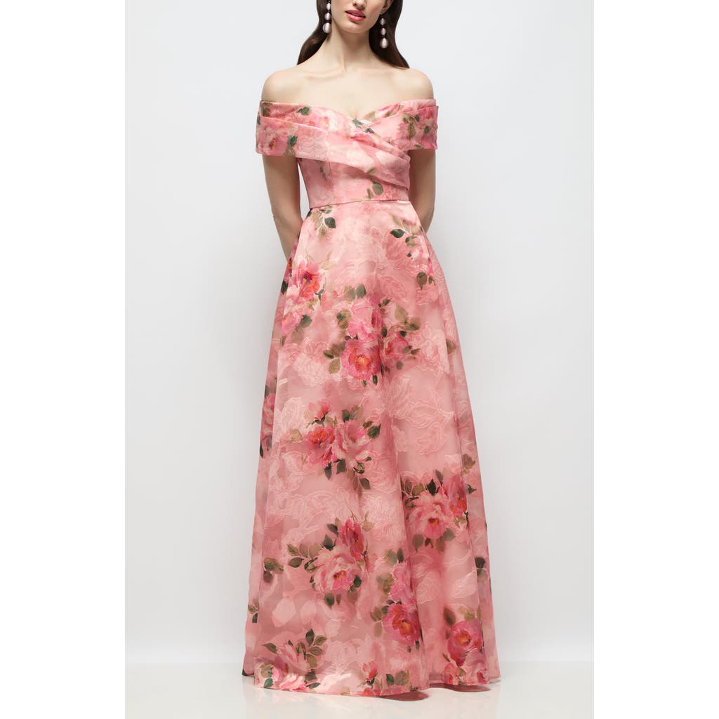 Dessy Collection Karr Floral Jacquard Off the Shoulder Organza Gown in Guava Floral Print at Nordstrom, Size 16