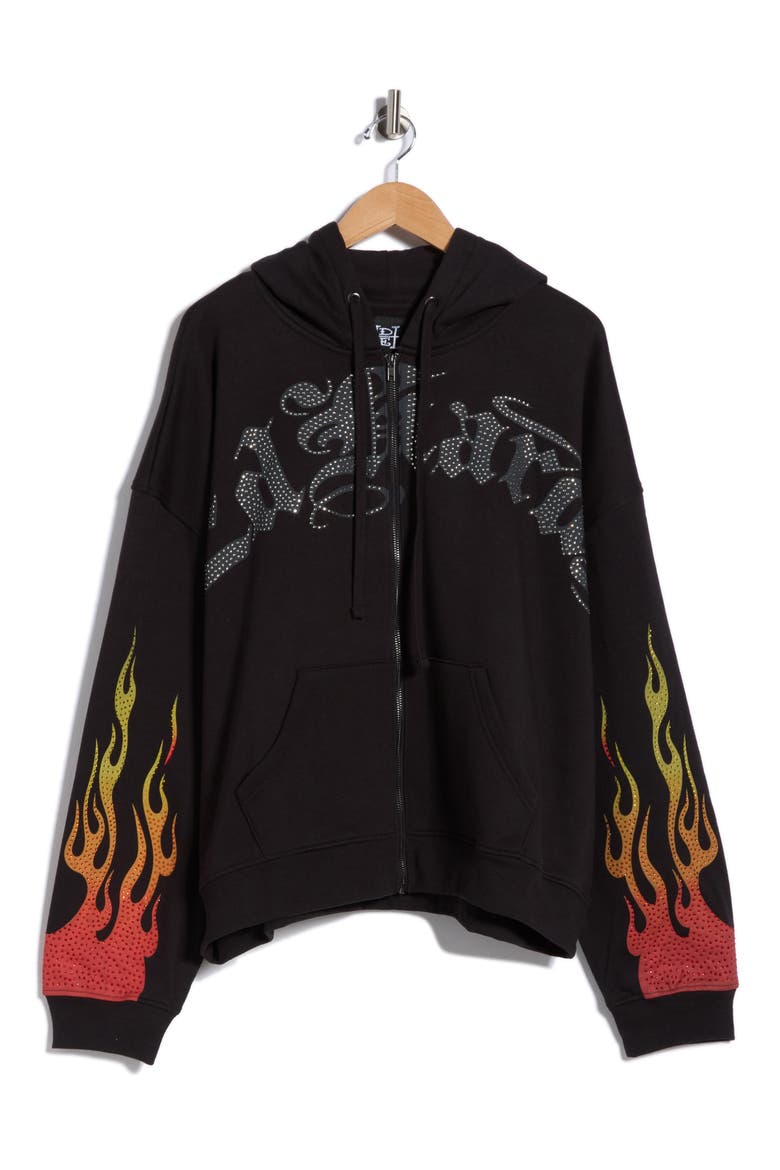 Skull Flames Rhinestone Boxy Zip Hoodie, Alternate, color, BLACK
