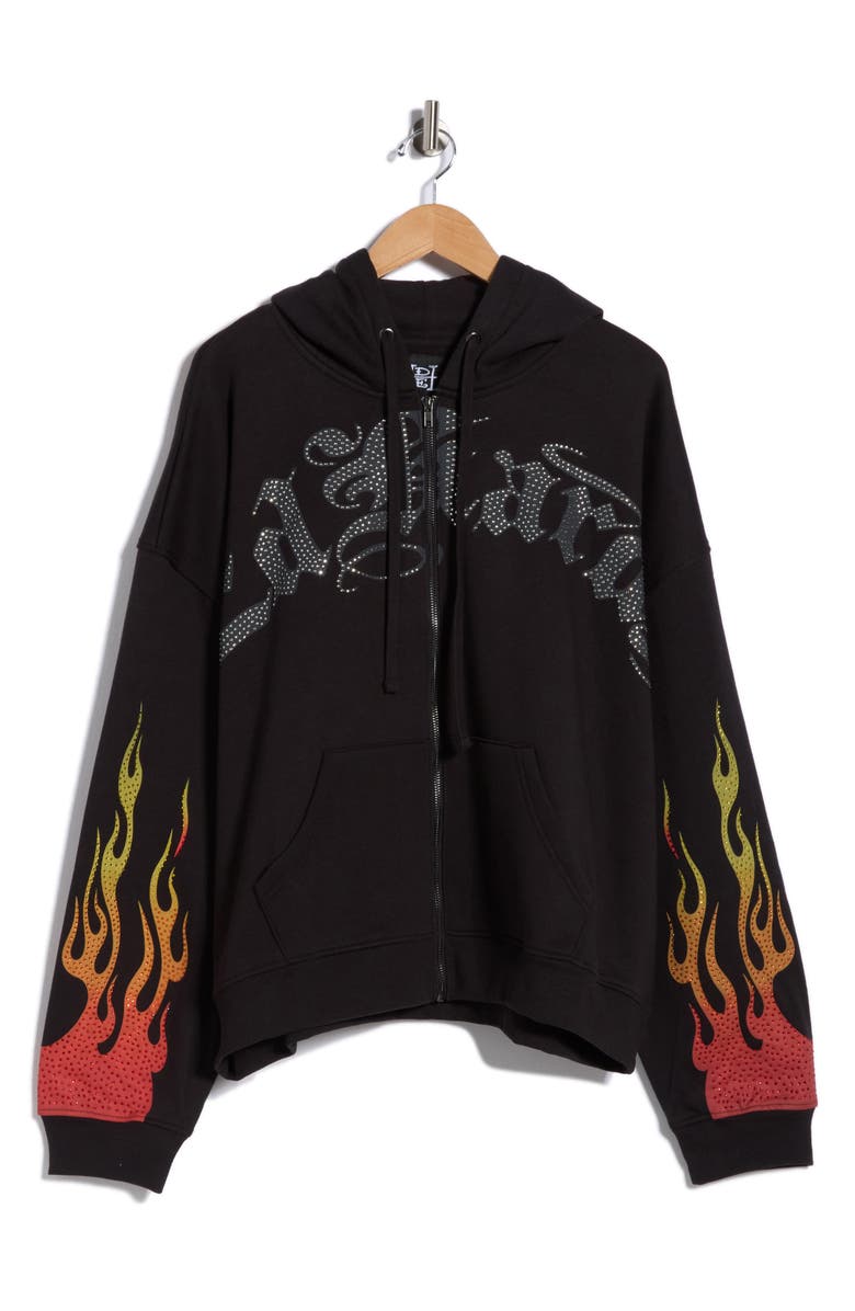 Ed Hardy Skull Flames Rhinestone Boxy Zip Hoodie, Main, color, Black