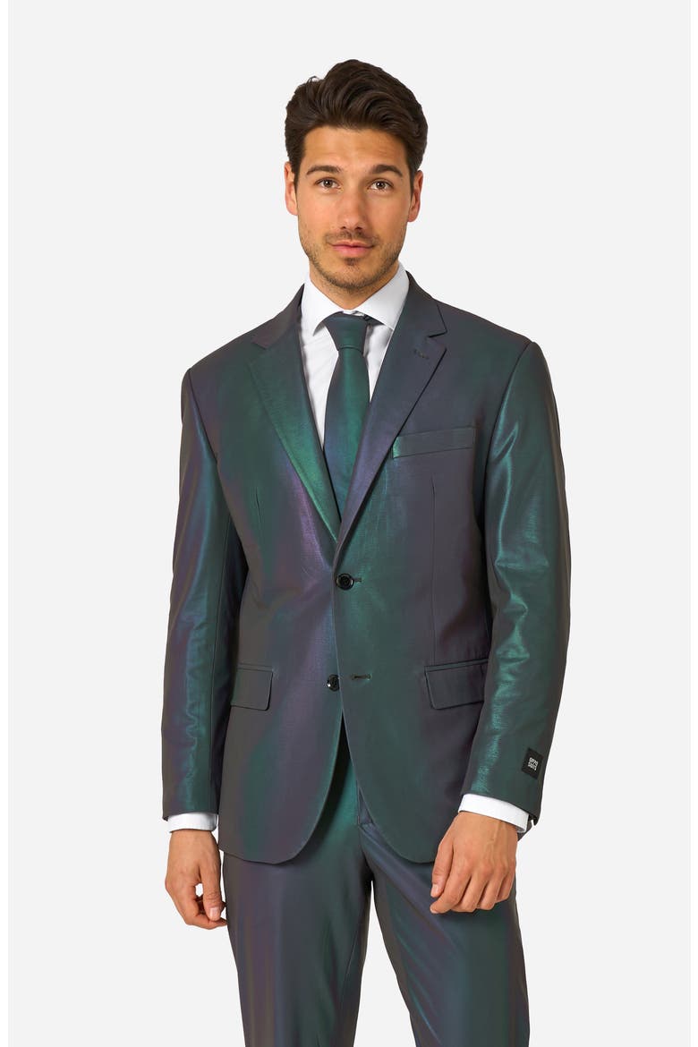 Reflective Perspective Iridescent Slim Fit Two-Piece Suit & Tie Set, Alternate, color, GREEN MISC