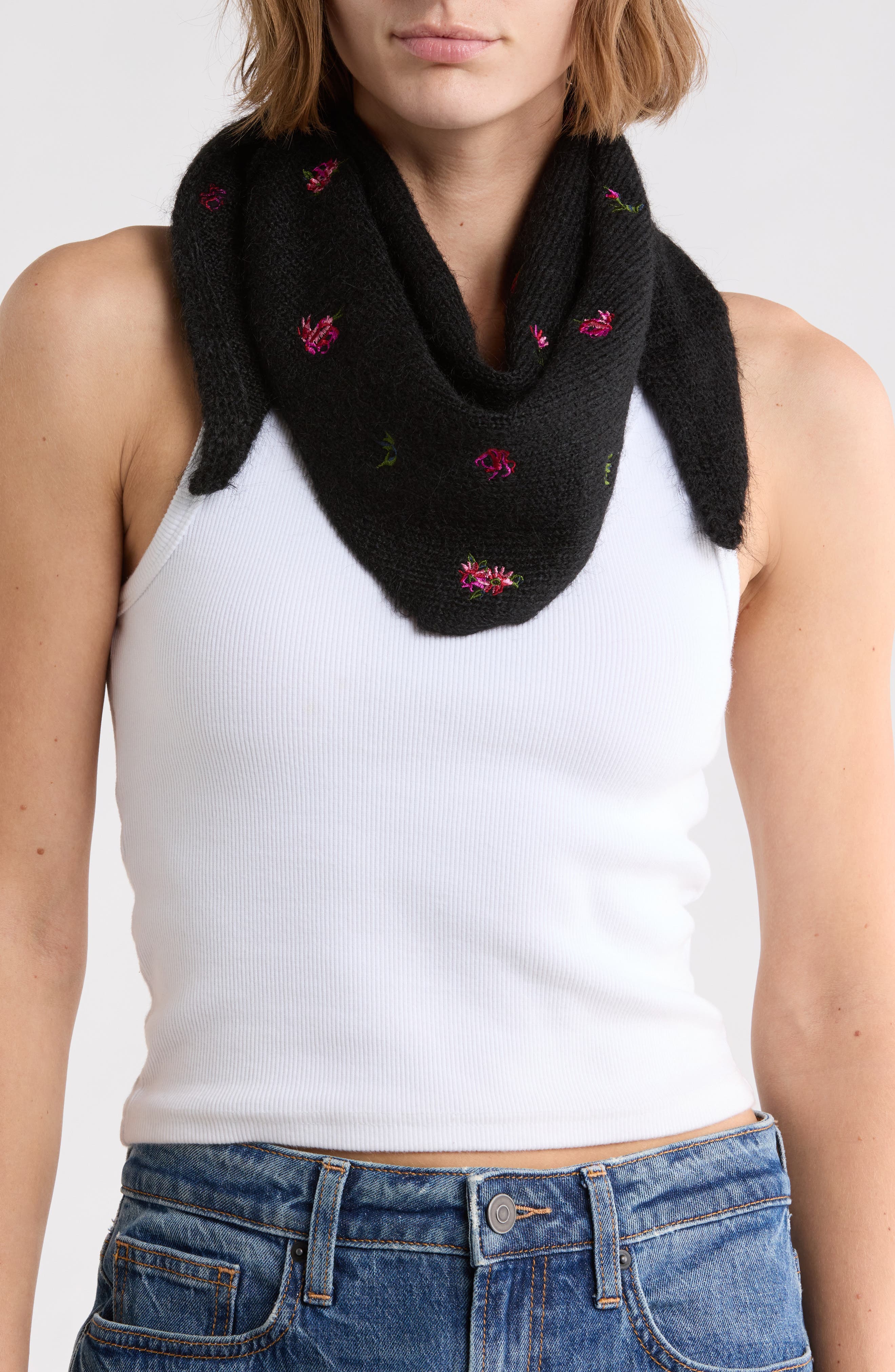 Flower Embroidered Knit Triangle Scarf