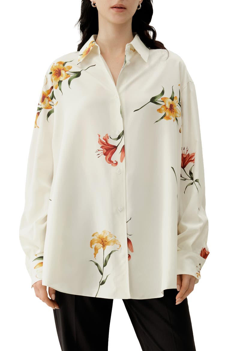 Women's Lily Print Silk Oversize Shirt, Main, color, Lily White