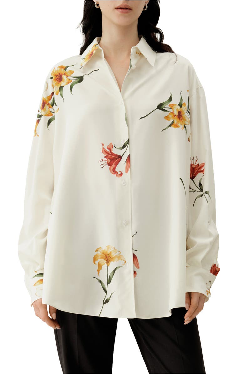 Lilysilk Lily Print Silk Oversize Shirt, Main, color, Lily White
