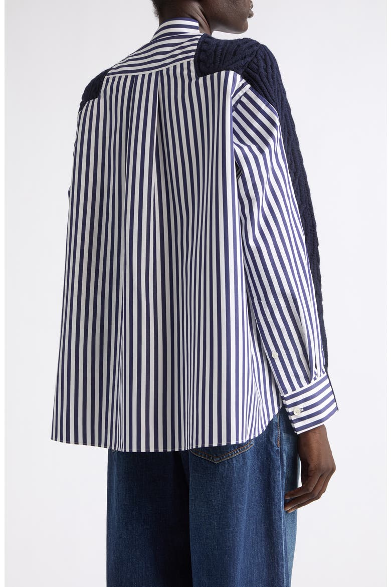 Mixed Media Wool Cable & Poplin Shirt Cardigan, Alternate, color, NAVY/ NAVY STRIPE