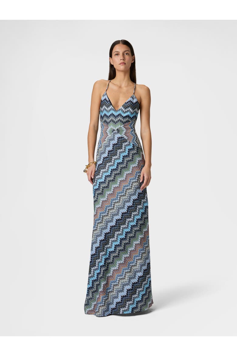 Long Dress With Crossed Straps In Viscose Chevron, Alternate, color, Multicoloured