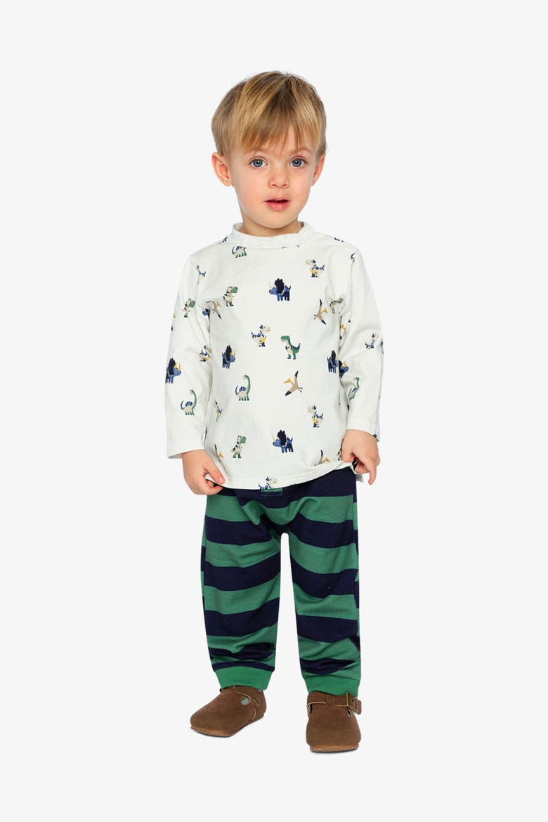 Dinosaur Long Sleeve T-Shirt & Striped Fleece Pants Set, Alternate, color, Beige Dinosaur Print