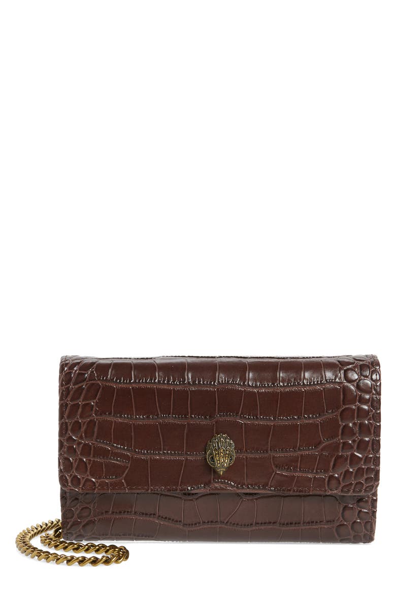 Kensington Croc Embossed Leather Wallet on a Chain, Main, color, DARK BROWN