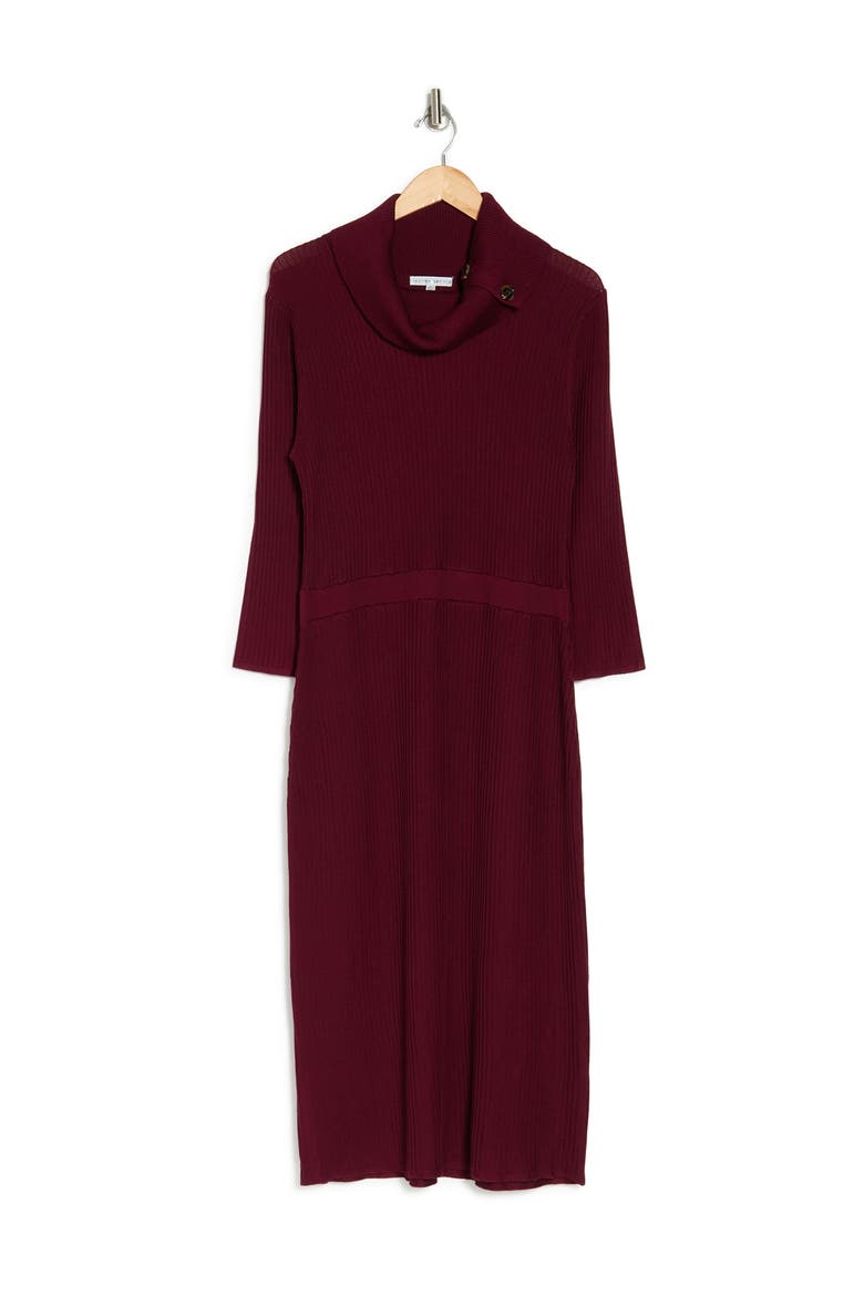 Cowl Neck Ribbed Knit Midi Dress, Alternate, color, WINE