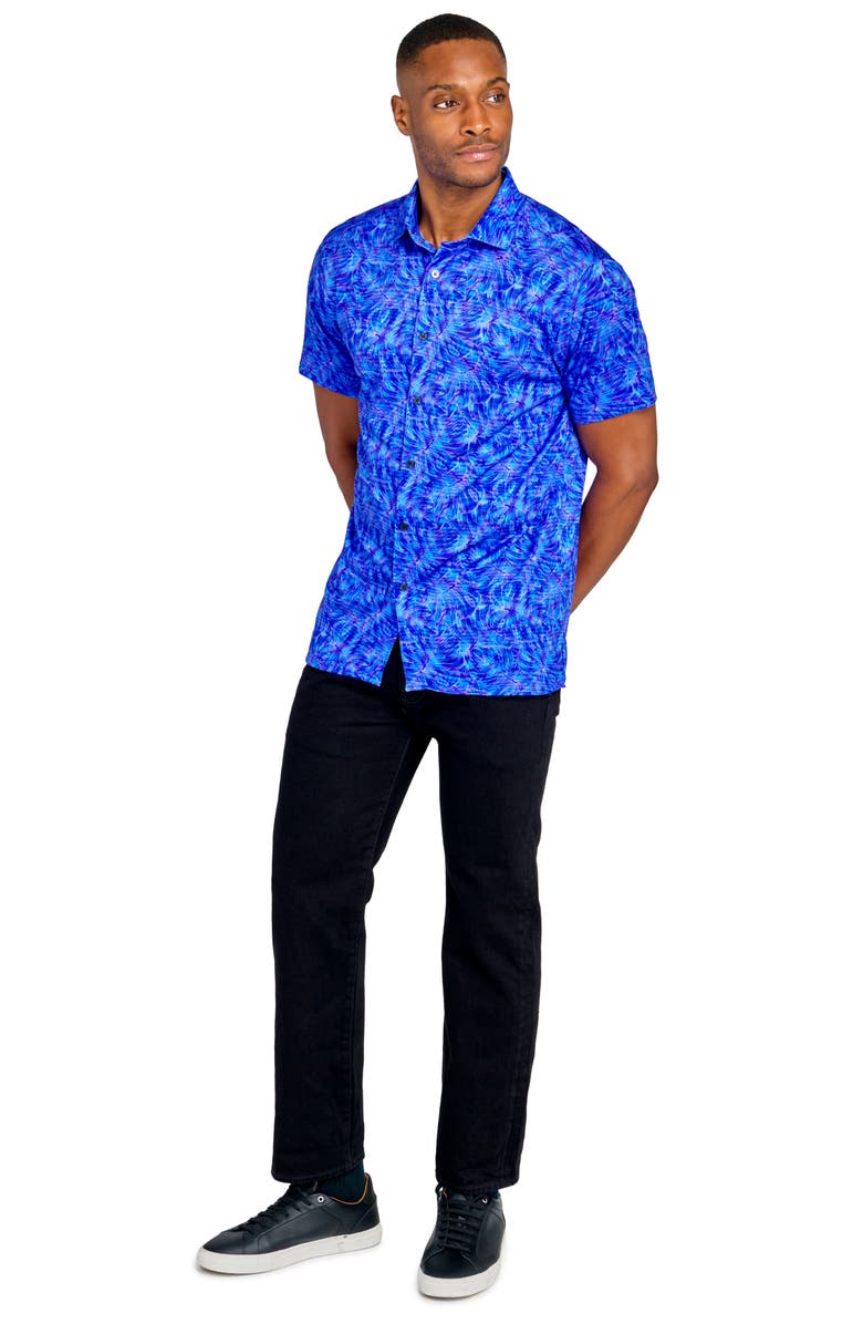 CONSTRUCT Slim Fit Large Monstera 4-Way Stretch Short Sleeve Button-Up Shirt, Alternate, color, Blue