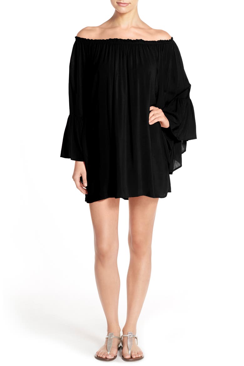 Bell Sleeve Cover-Up Tunic Dress, Main, color, BLACK