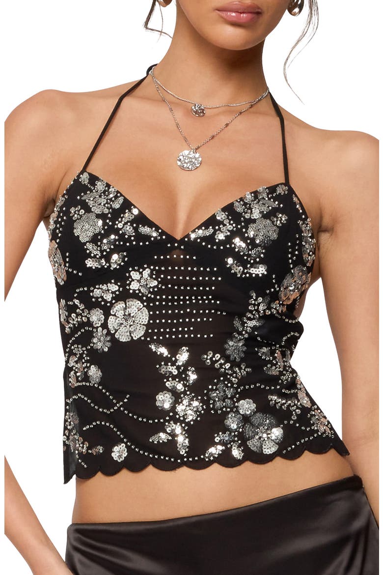 Nelley Sequin Beaded Open Back Halter Top, Main, color, BLACK