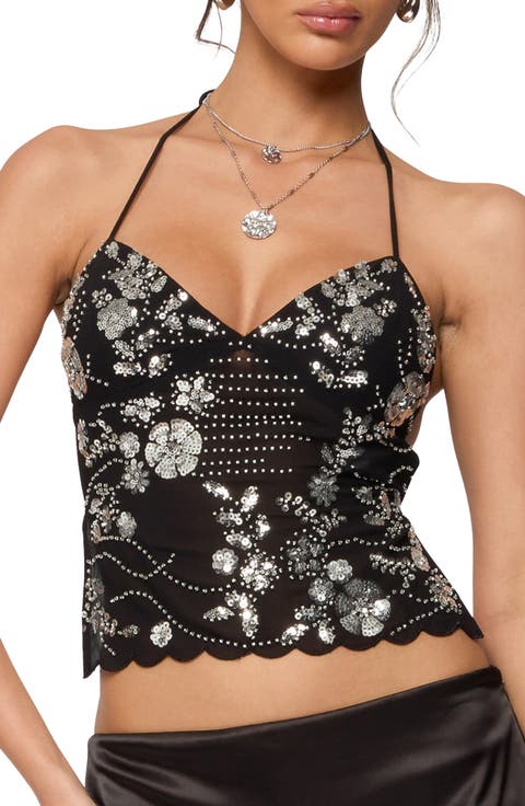 Nelley Sequin Beaded Open Back Halter Top