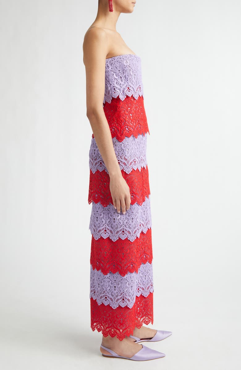 Carolina Herrera Colorblock Lace Strapless Column Dress, Alternate, color, Herrera Red Multi