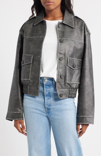 Topshop Faux Leather Cropped Button Thru Patch Pocket Bomber Jacket In Black