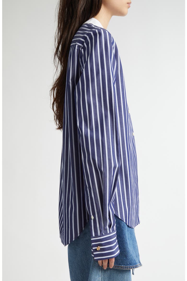 Non-Collar Stripe Cotton Button-Up Shirt, Alternate, color, NAVY