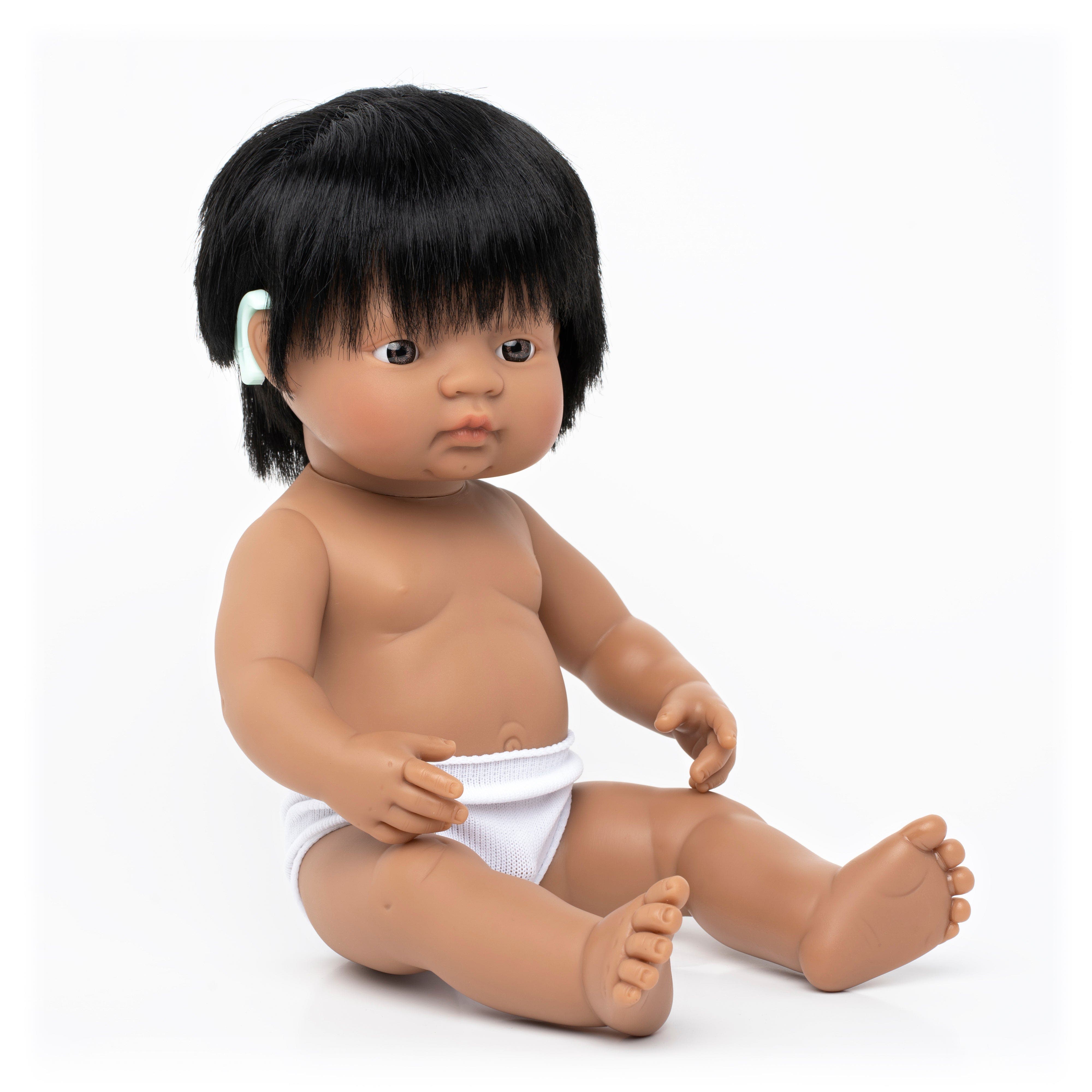 Miniland Hispanic Boy Baby Doll with Black Hair and Hearing Aid - 15" in Brown 
