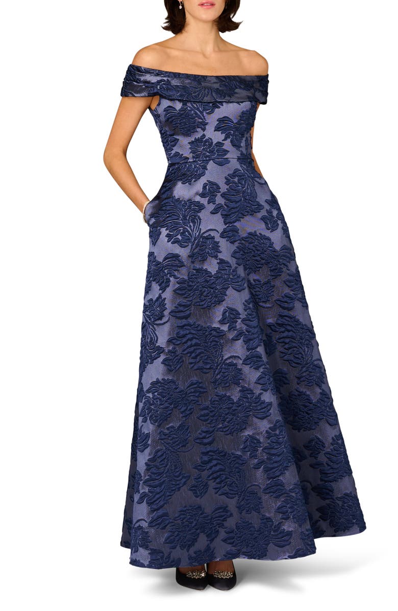 Aidan Mattox Floral Jacquard Off the Shoulder Gown, Main, color, Navy