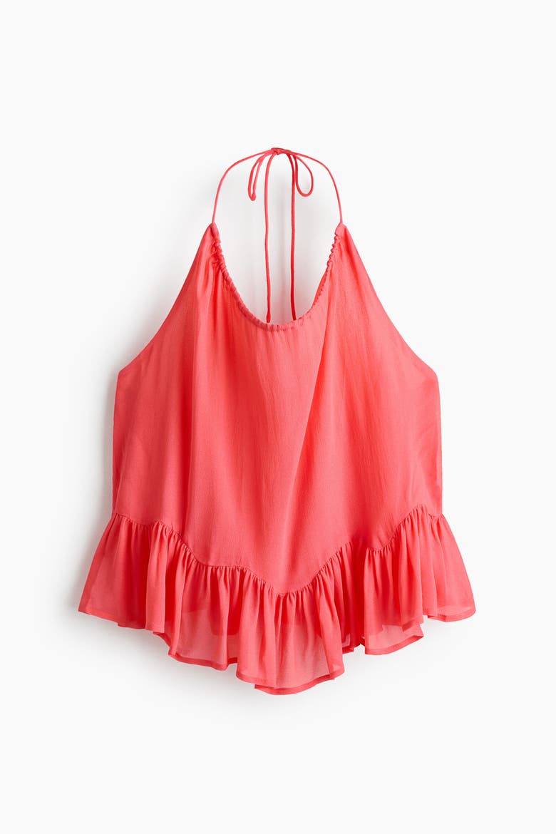 Frill-trimmed Halterneck Top, Alternate, color, Coral pink