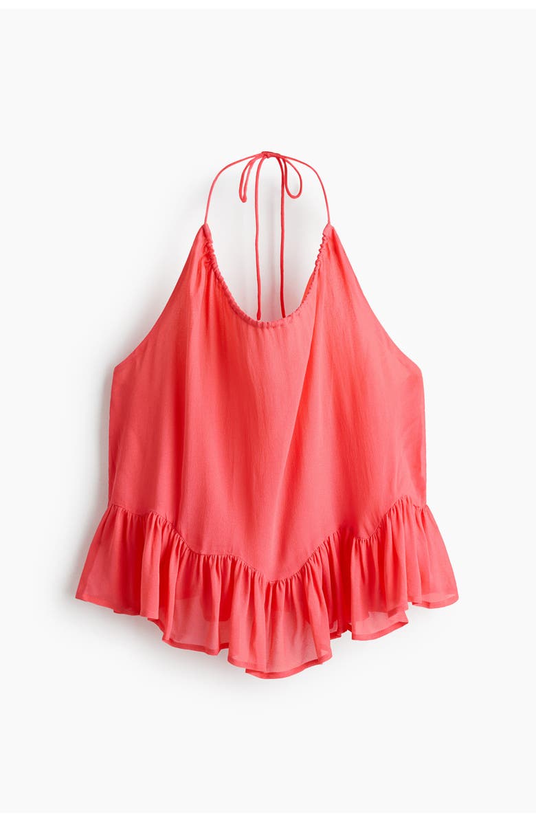 H&M Frill-trimmed Halterneck Top, Alternate, color, Coral Pink