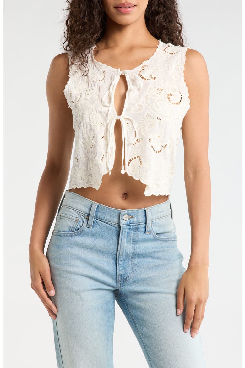 Lacey Flyaway Embroidered Cotton Tie Front Top, Main, color, CREAM
