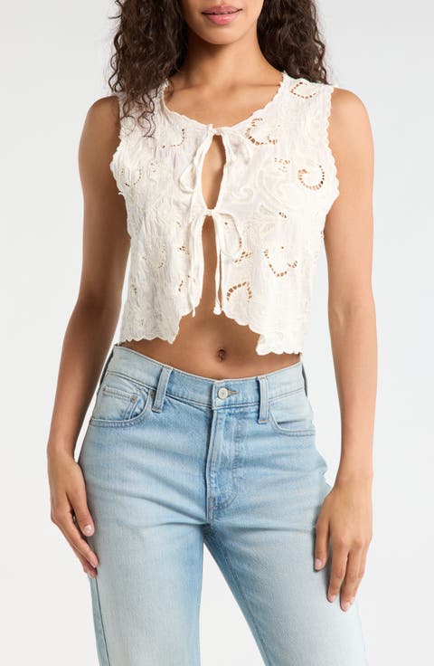 Lacey Flyaway Embroidered Cotton Tie Front Top