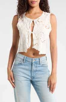 Lacey Flyaway Embroidered Cotton Tie Front Top