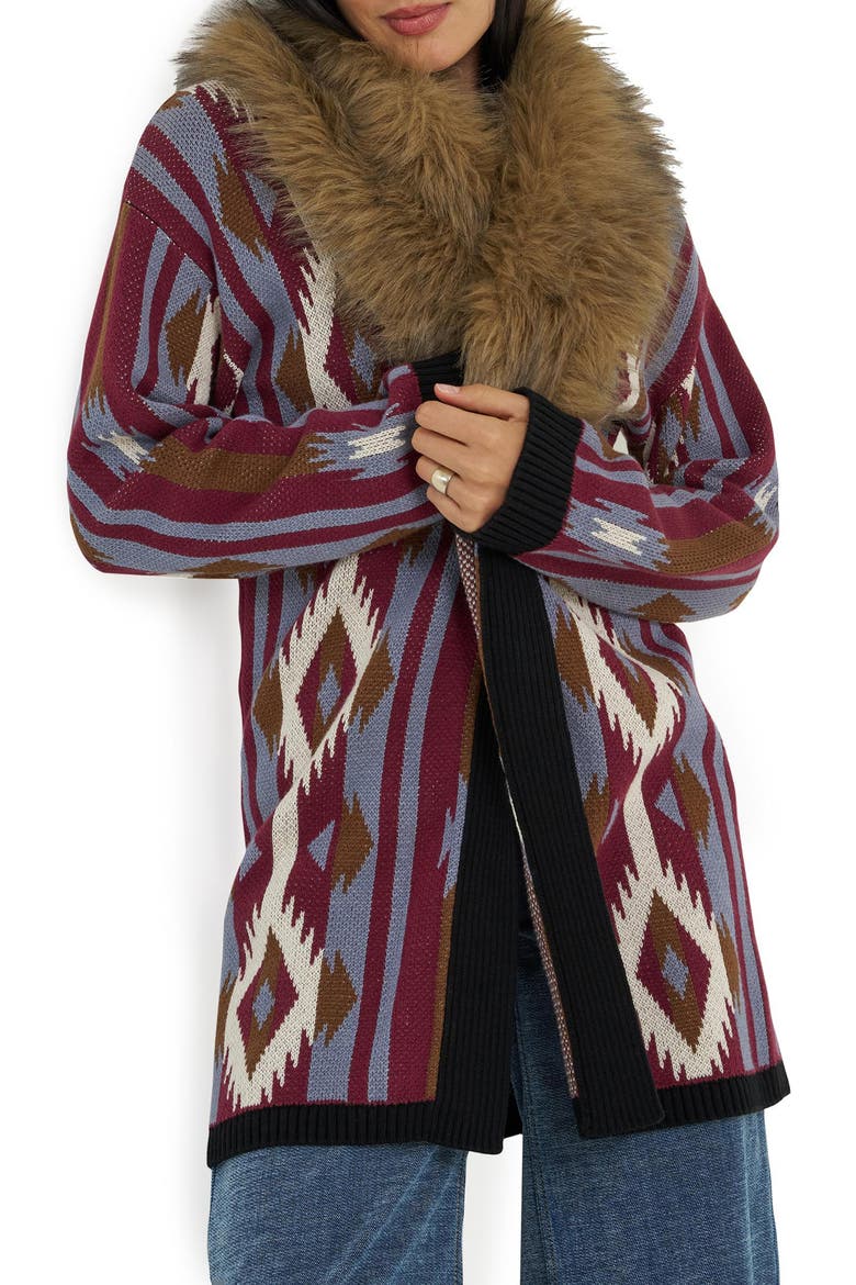 Faux Fur Collar Cardigan, Main, color, EXPLODED SOUTHWEST PRINT