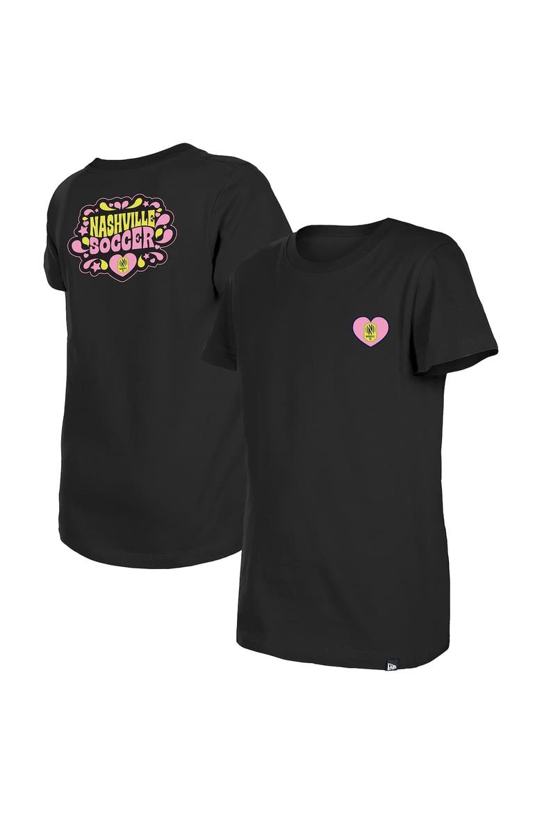 Girls Youth New Era Black Nashville SC Bubble Heart T-Shirt, Main, color, Black
