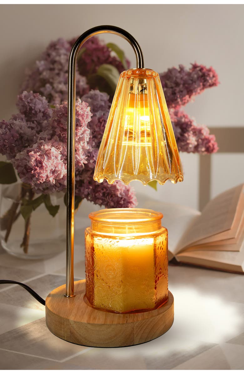 Luze Amber Bloom Candle Warmer Lamp, Alternate, color, Gold/Amber/Wood