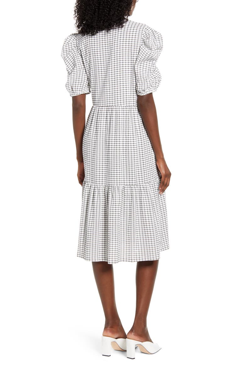 Puff Shoulder Midi Dress, Alternate, color, BLACK W/ WHITE CHECK