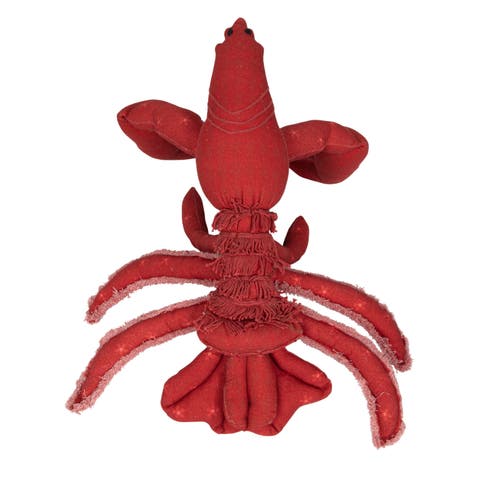 Cotton Printed Lobster Shaped Pillow with Embroidery and Fringe, Red