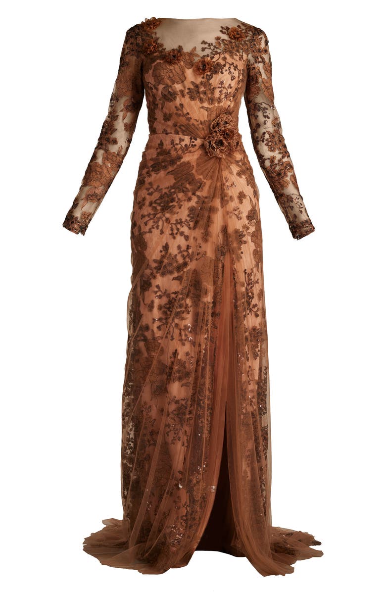 Tadashi Shoji Embroidered Sequin Lace Long Sleeve Gown, Alternate, color, 