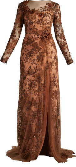 Embroidered Sequin Lace Long Sleeve Gown