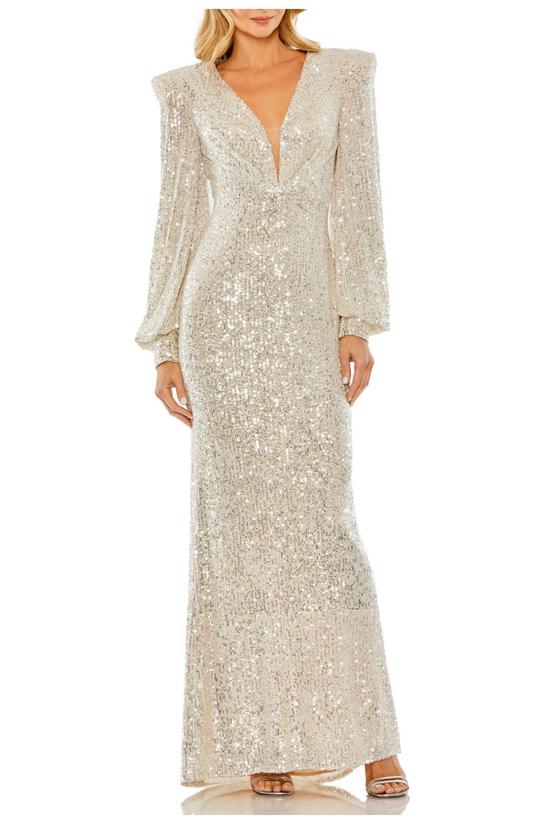 Mac Duggal Sequined Plunge Neck Structured Bishop Sleeve Gown, Main, color, 