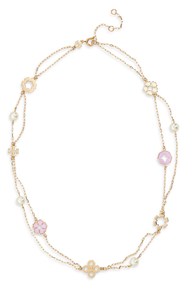 Tory Burch Kira Clover Mother-of-Pearl Charm Layered Necklace, Main, color,